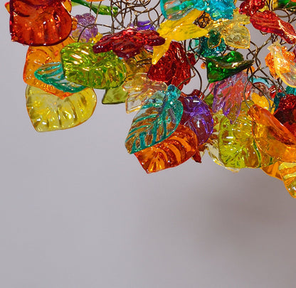 Floral Chandelier Lighting: Multicolored Resin Flowers & Leaves