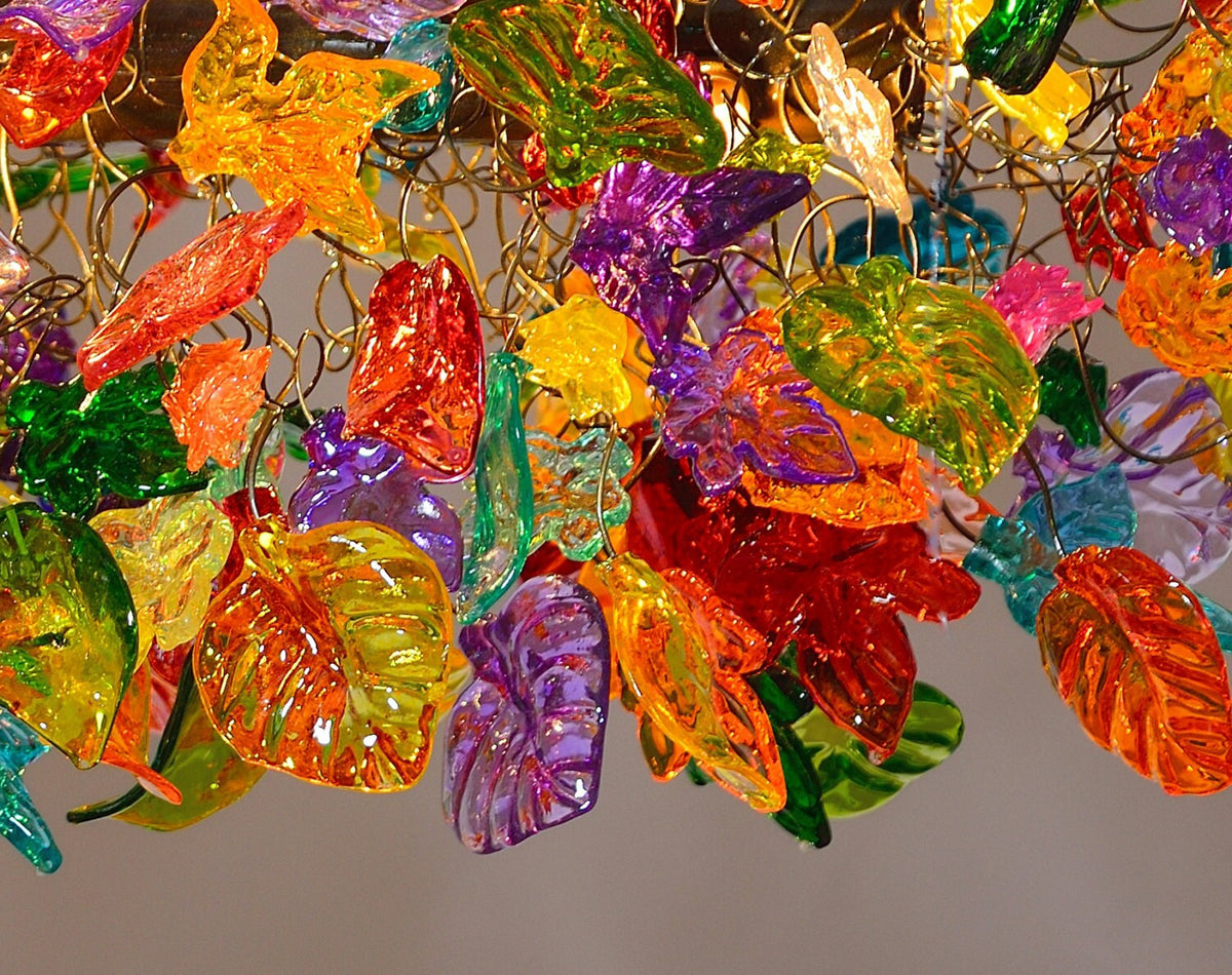 Floral Chandelier Lighting: Multicolored Resin Flowers & Leaves