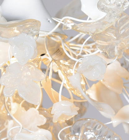 Elegant Floral Chandelier: White Resin Flowers & Leaves Lighting