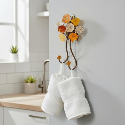 Wall Hook with natural resin flowers and cooper leaves, decorative wall hanger.
