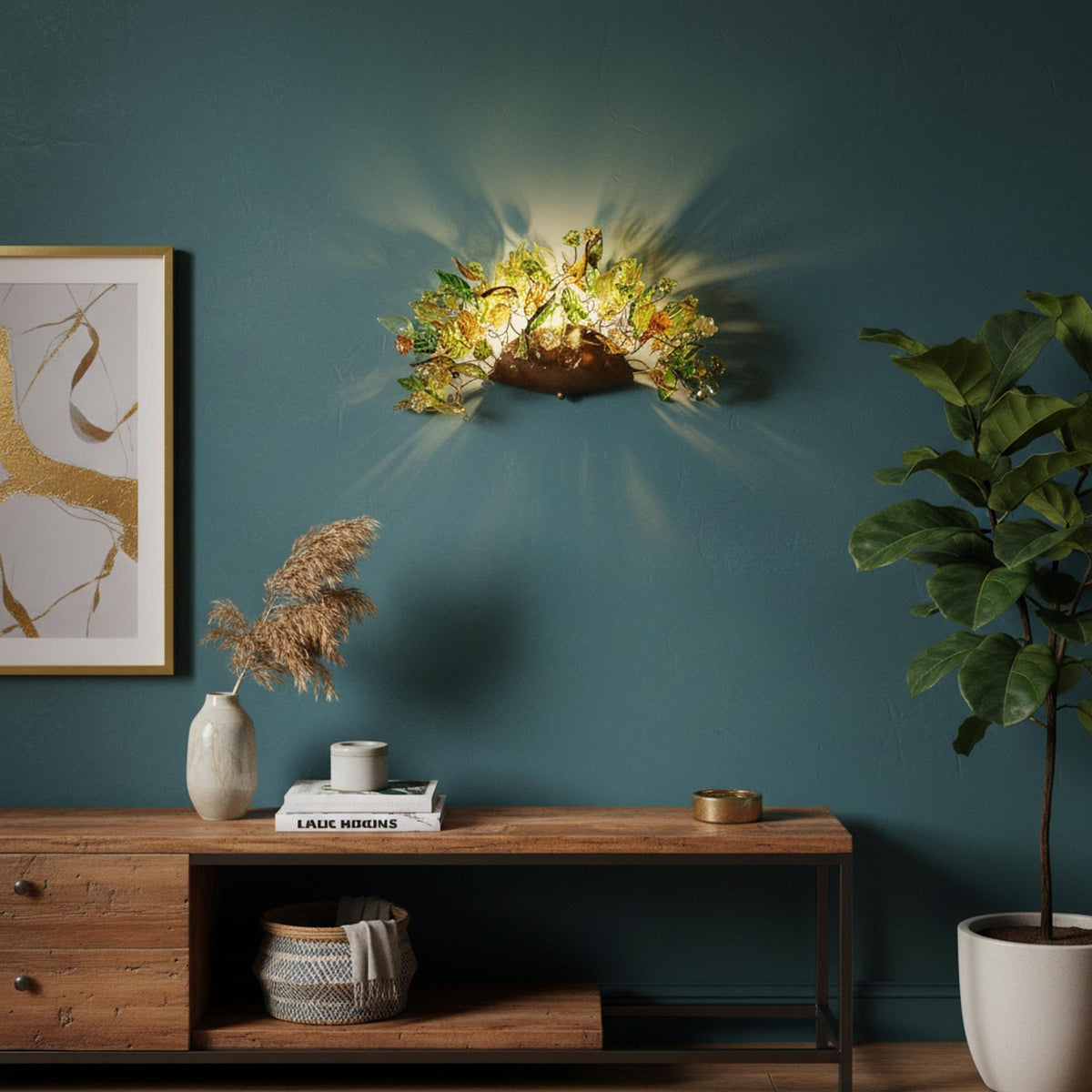 Green Floral Wall Sconce: Handmade Resin Leaves, Bronze Base