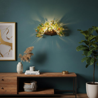 Green Floral Wall Sconce: Handmade Resin Leaves, Bronze Base
