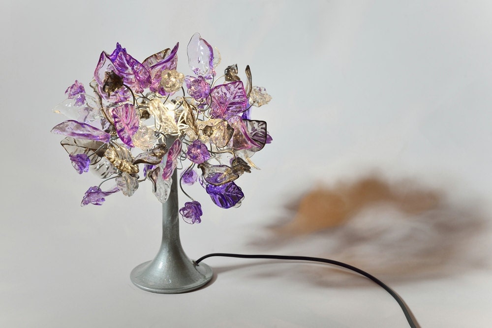 Unique Hand made Purple Table Lamp with flowers and leaves