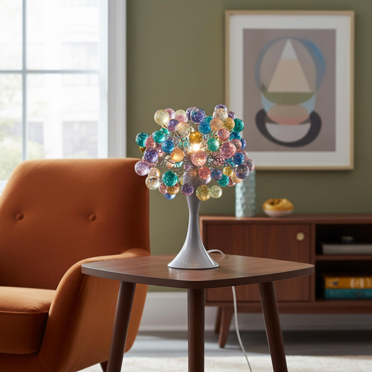 modern bedside lamp with pastel bubbles, unique table lamp, colorful bubbles light for desk or bedside table.