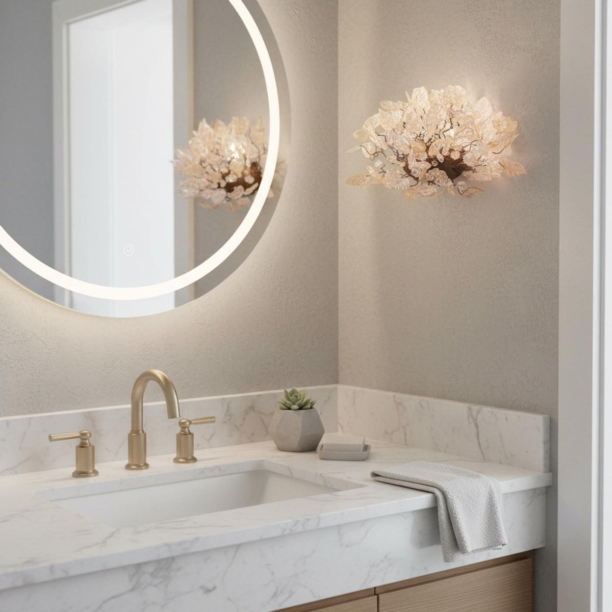 Bronze Sconce With Whimsical Resin Leaves In White & Gold