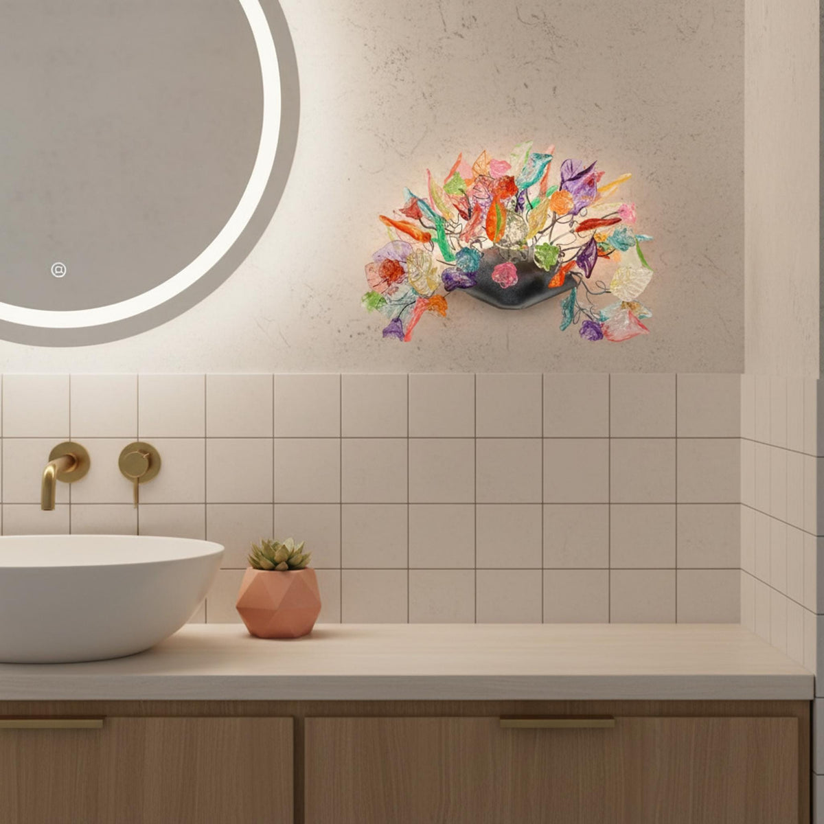 Wall lighting with Pastel color leaves and flowers -unique wall sconce with pastel flowers and leaves for hall, bathroom, bedroom.