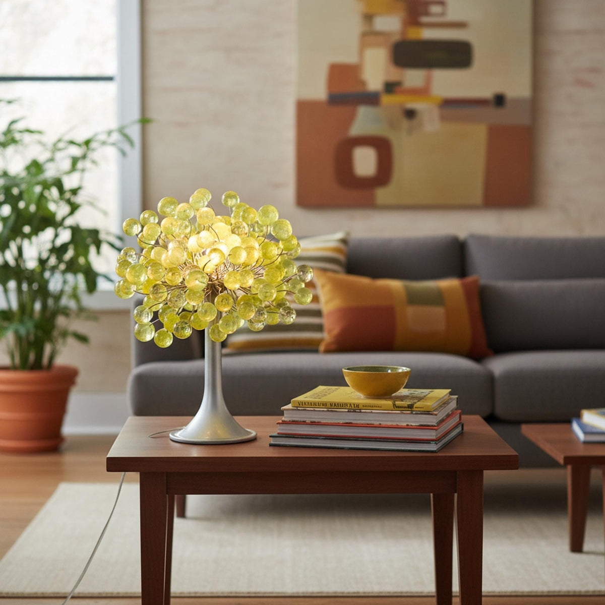 Yellow Table lamp, bedside lamp with lemon green bubbles with metal wires, small table lamp, lemon lime bubbles lighter.