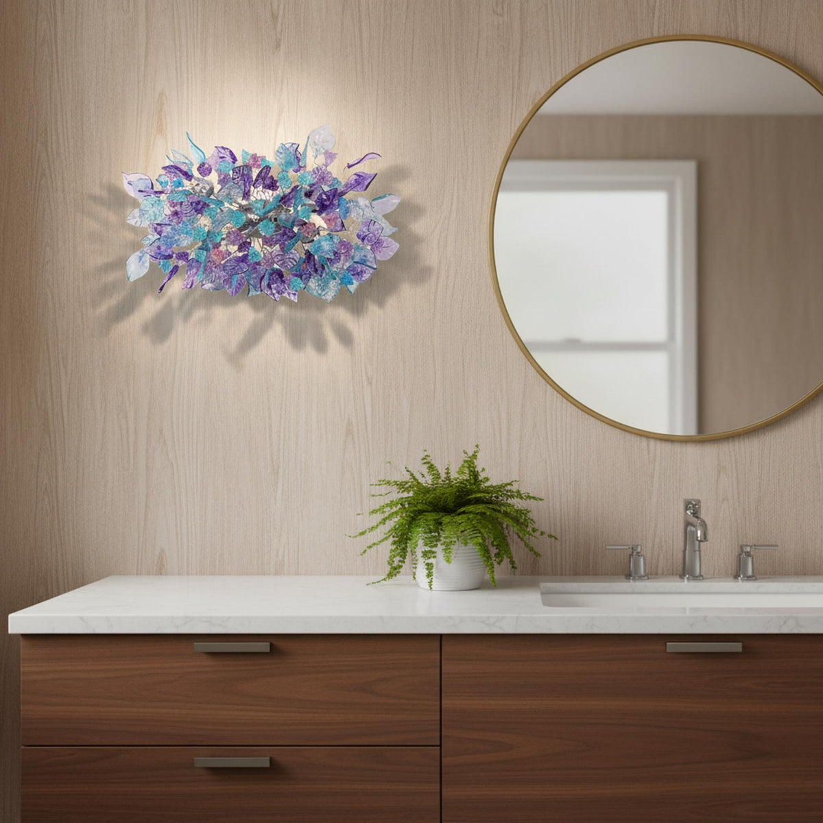 Modern Wall Sconce light with teal and lavender color flowers and leaves for hall living room, toilet