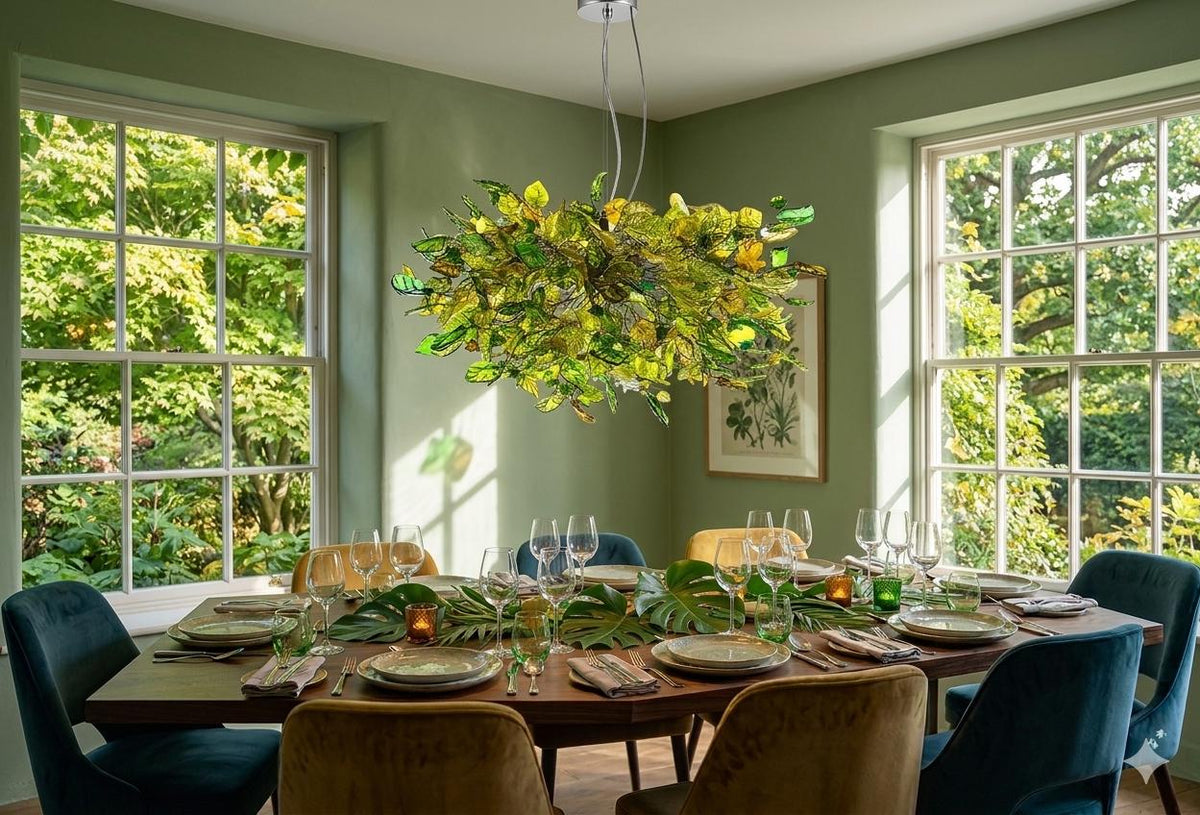 Large Hanging Chandeliers Lighting with Green color flowers and leaves for Dining Room