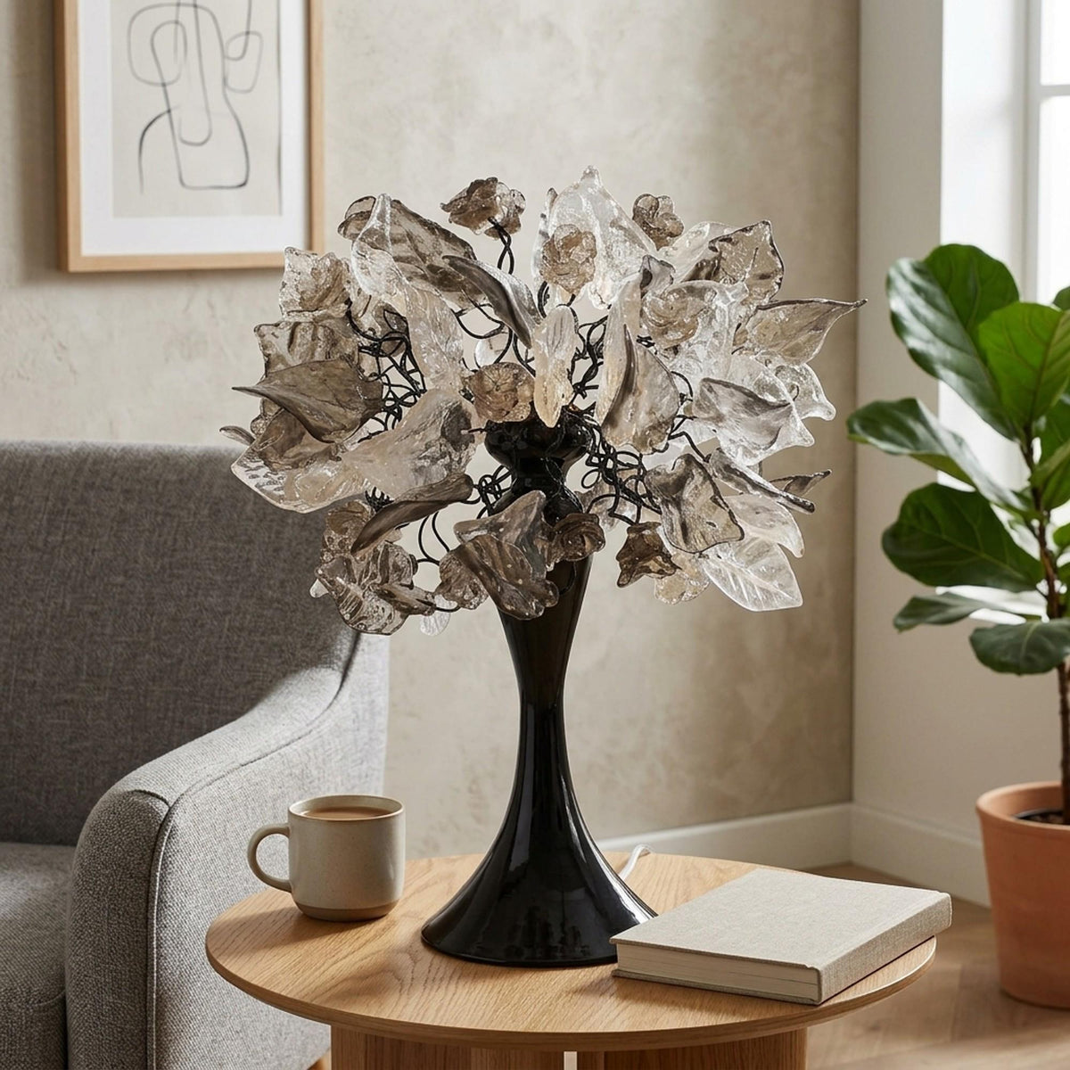 Elegant bedside table lamp, with gray and clear flowers and leaves Decoration handmade Light