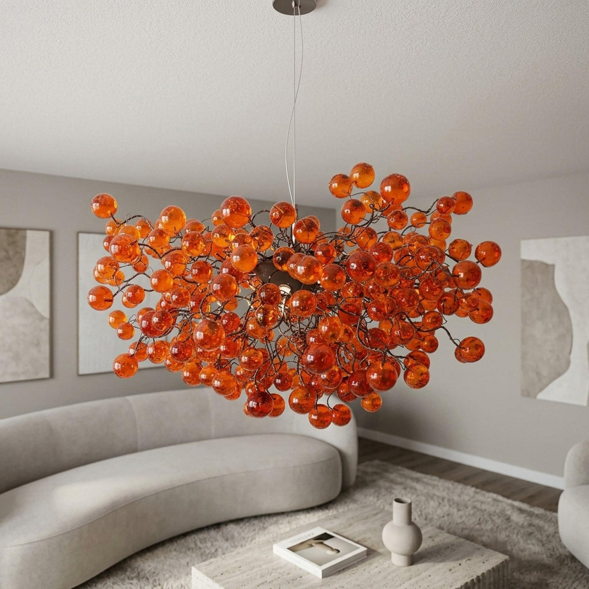 Orange Bubble Chandelier: Large 30" Globe Light Fixture for Dining Room