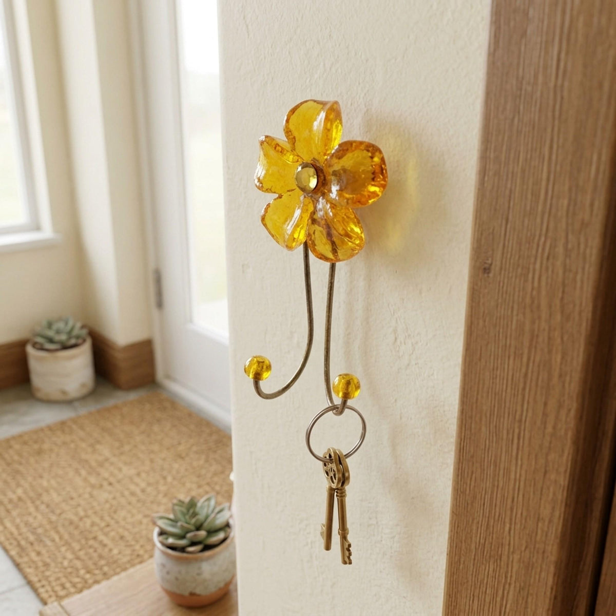 Wall Hook with yellow resin flower, decorative wall hanger.