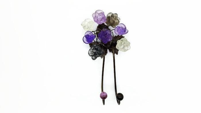 Decorative Hooks, towel hook with Gray and Purple resin flowers, decorative wall hanger.