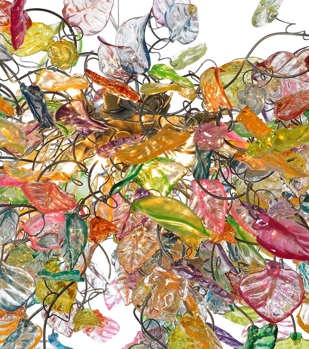 Pastel Flower Chandelier: Handmade Resin Leaves, Bronze Base
