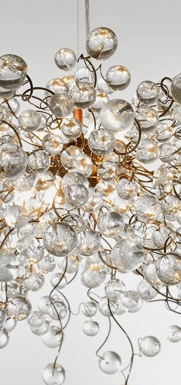 Large Modern Hanging chandeliers with Clear Transparent bubbles - globe light fixture for Dining Room, living room or open space.